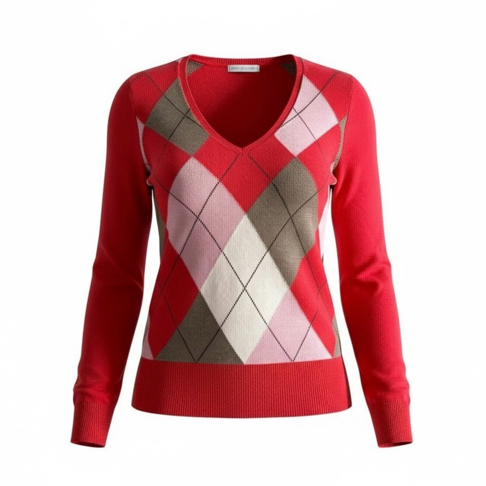 Argyle Red Preppy V-Neck Sweater – Size L
